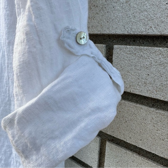 Rosemarine White Linen Roll Tab Sleeve Two Button V-Neck Shirt Blouse - Picture 9 of 11